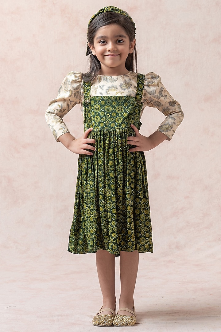 Forest Green Modal Satin Ajrakh Printed Gathered Dress For Girls by Thetaa Kids at Pernia's Pop Up Shop