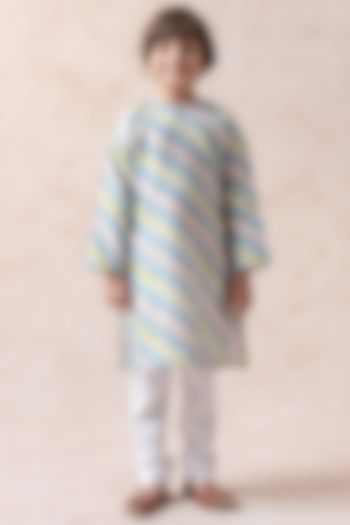 Blue Cotton Silk Geometric Printed Kurta Set For Boys by Thetaa Kids