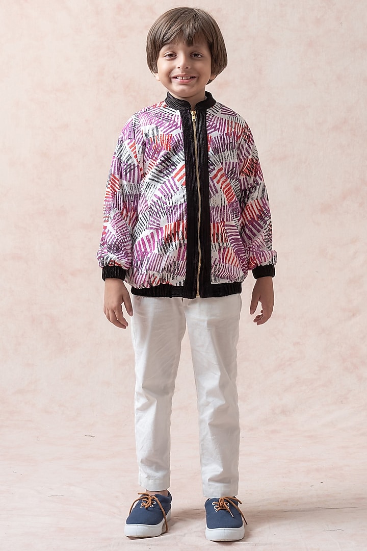 Multi-Colored Habutai Silk Stripes Printed Bomber Jacket For Boys by MKF Kids