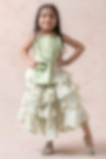 Tea Green Pure Chanderi Silk Printed Tiered Skirt Set For Girls by Thetaa Kids at Pernia's Pop Up Shop