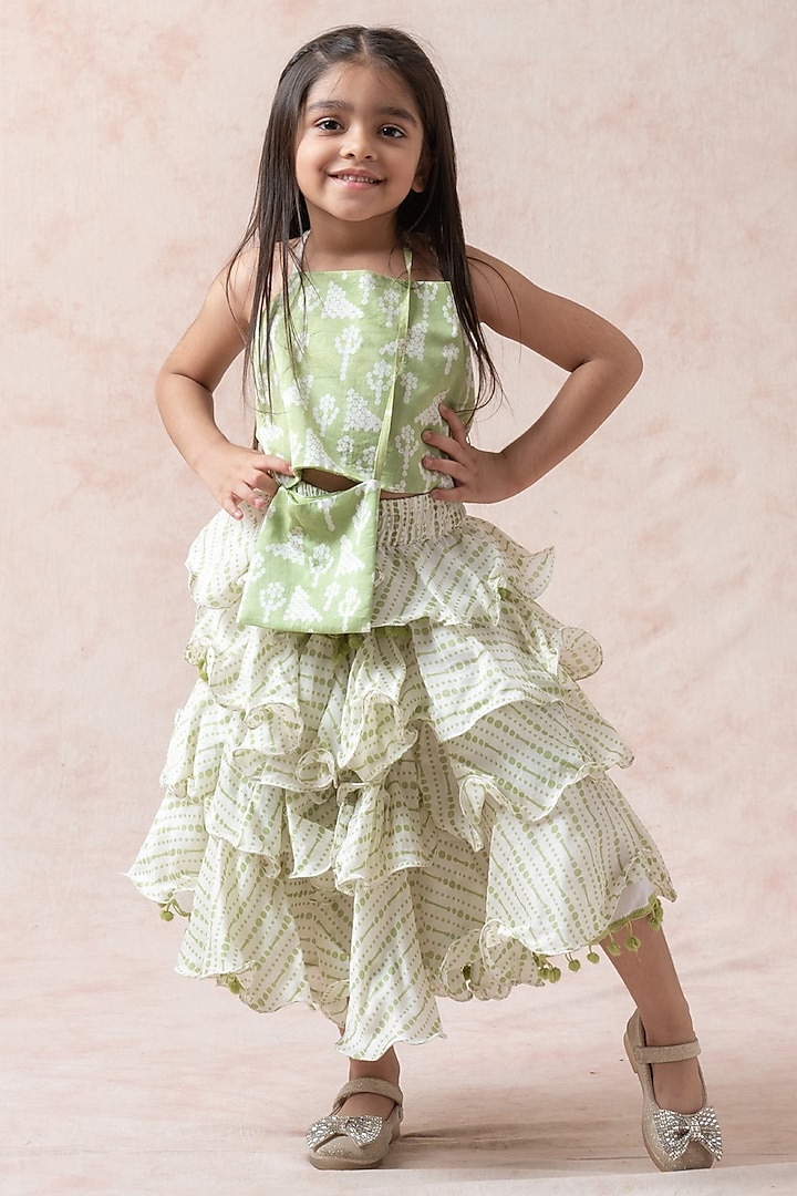 Tea Green Pure Chanderi Silk Printed Tiered Skirt Set For Girls by Thetaa Kids at Pernia's Pop Up Shop