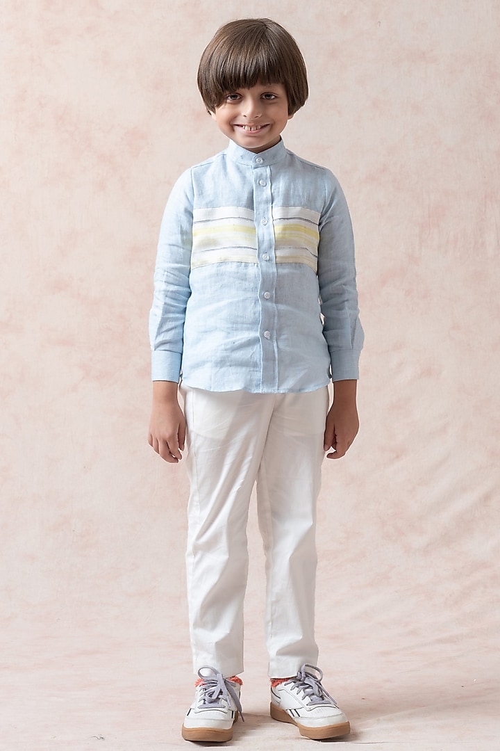 Sky Blue Linen Stripes Printed Shirt For Boys by Thetaa Kids at Pernia's Pop Up Shop