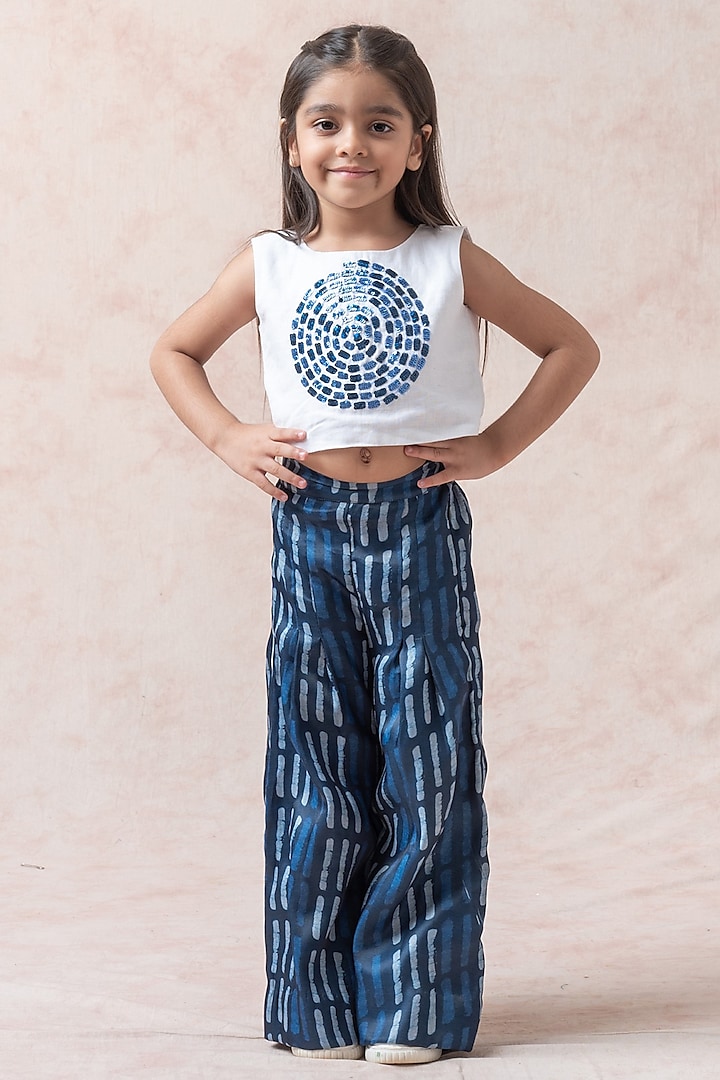 Blue Polyester Stripes Printed Pleated Palazzo Pant Set For Girls by Thetaa Kids at Pernia's Pop Up Shop