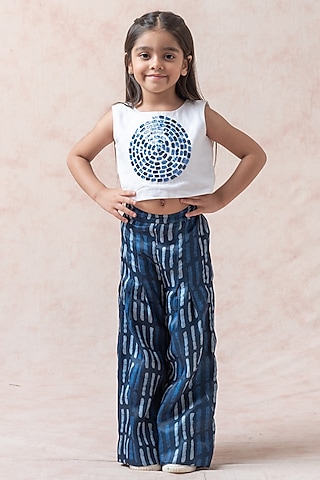 Pearl White Crush Cotton Bell-Bottom Pant Set For Girls Design by Littleens  at Pernia's Pop Up Shop 2024