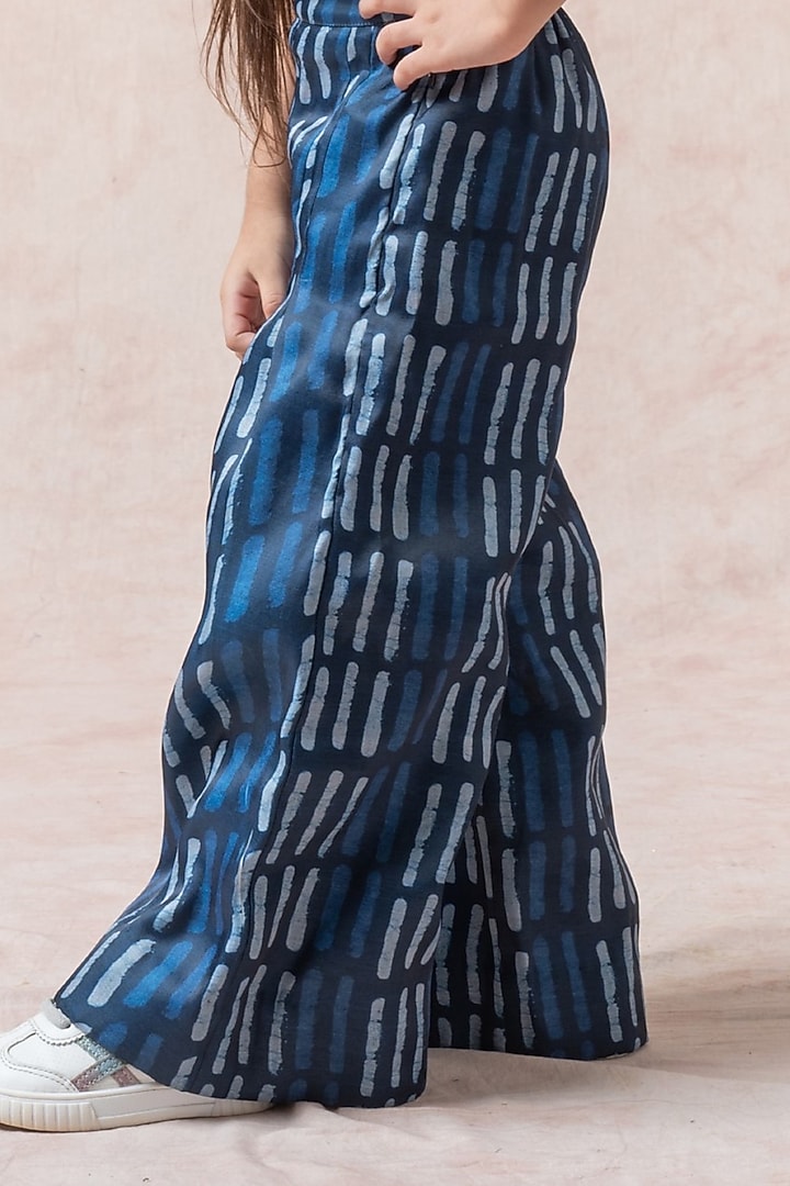 Blue Polyester Stripes Printed Pleated Palazzo Pant Set For Girls by Thetaa Kids at Pernia's Pop Up Shop