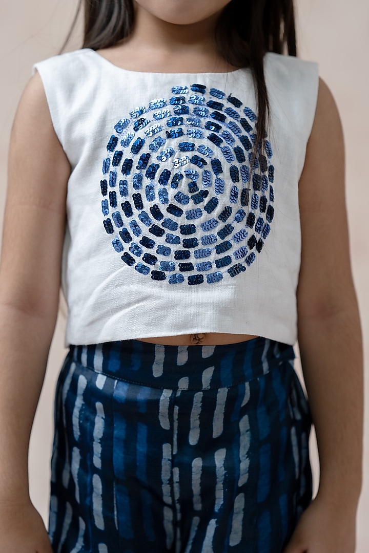 Blue Polyester Stripes Printed Pleated Palazzo Pant Set For Girls by Thetaa Kids at Pernia's Pop Up Shop