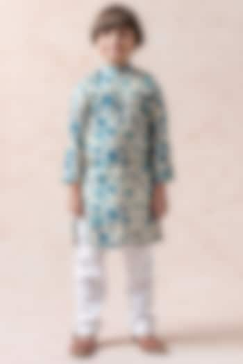 Beige & Teal Blue Pure Tussar Silk Floral Printed Kurta Set For Boys by Thetaa Kids at Pernia's Pop Up Shop