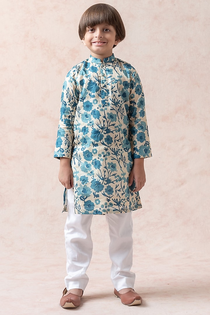 Beige & Teal Blue Pure Tussar Silk Floral Printed Kurta Set For Boys by Thetaa Kids at Pernia's Pop Up Shop