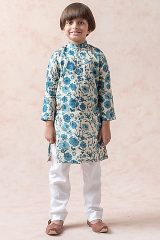 Beige & Teal Blue Pure Tussar Silk Floral Printed Kurta Set For Boys by Thetaa Kids