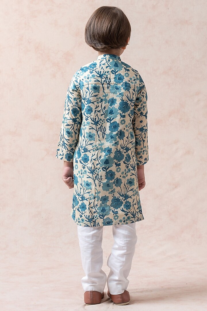 Beige & Teal Blue Pure Tussar Silk Floral Printed Kurta Set For Boys by Thetaa Kids at Pernia's Pop Up Shop