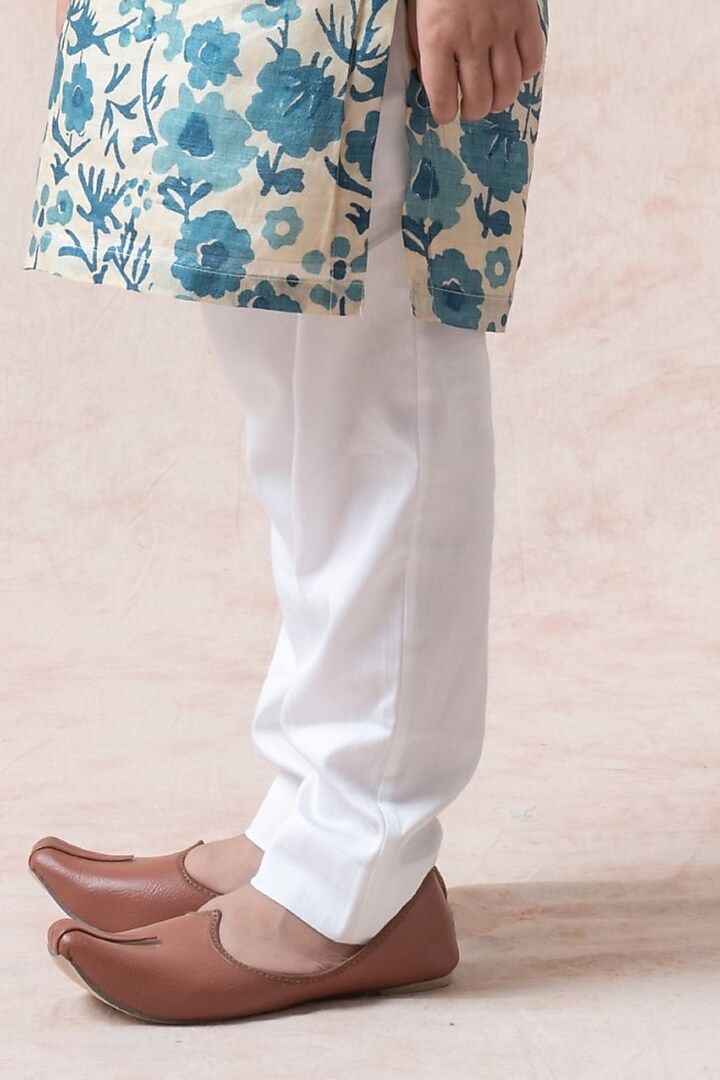 Beige & Teal Blue Pure Tussar Silk Floral Printed Kurta Set For Boys by Thetaa Kids at Pernia's Pop Up Shop