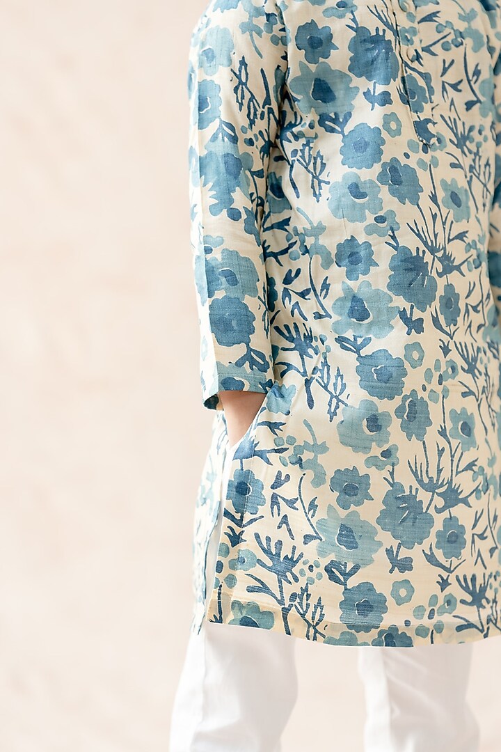 Beige & Teal Blue Pure Tussar Silk Floral Printed Kurta Set For Boys by Thetaa Kids at Pernia's Pop Up Shop