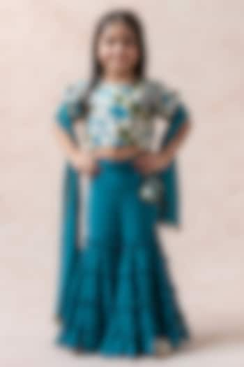 Teal Blue Pure Tussar Silk Tiered Gharara Set For Girls by Thetaa Kids