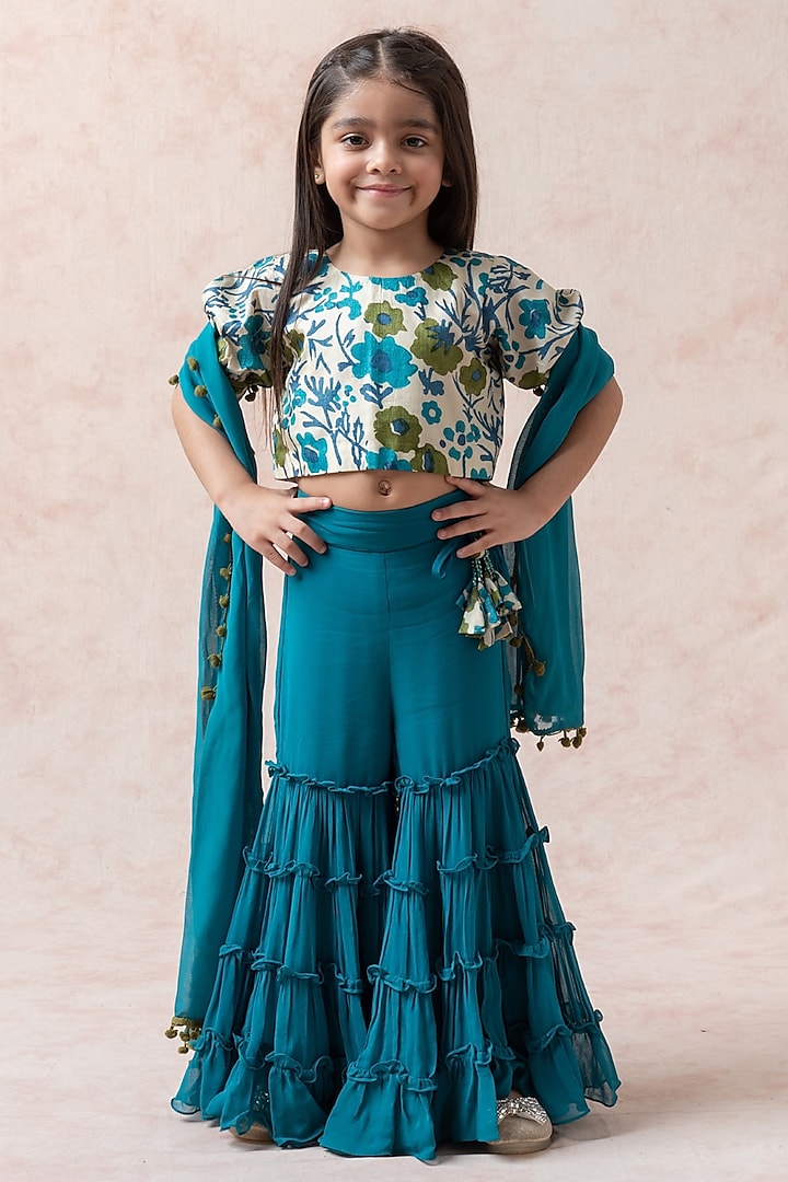 Teal Blue Pure Tussar Silk Tiered Gharara Set For Girls by Thetaa Kids