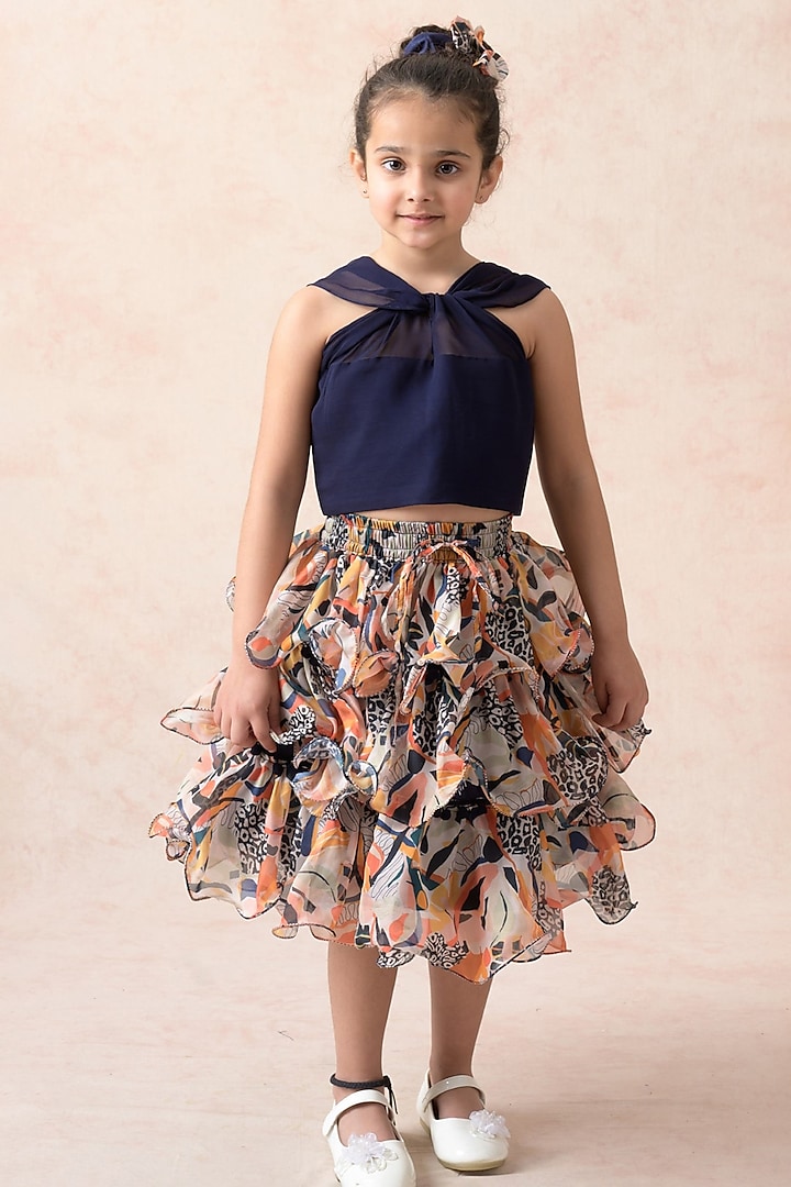 Multi-Colored Tabby Cotton Printed Tiered Ruffled Skirt Set For Girls by MKF Kids