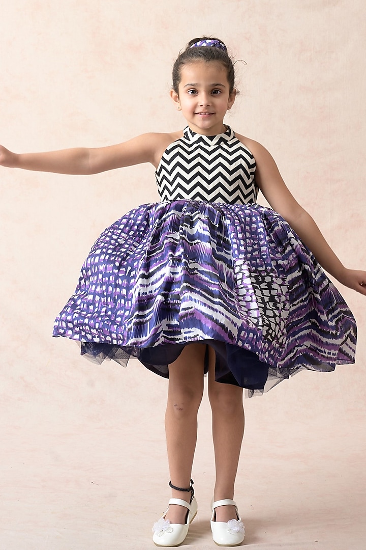 Purple Habutai Silk Chevron Printed Flared Dress For Girls by MKF Kids
