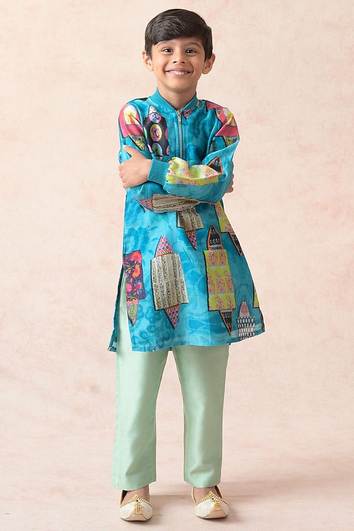 Blue Pure Chanderi Silk Abstract Floral Printed Kurta Set For Boys by MKF Kids