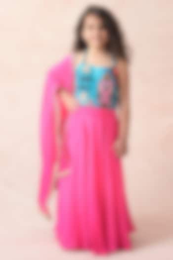 Neon Pink Ombre Pure Silk Georgette Lehenga Set For Girls by MKF Kids
