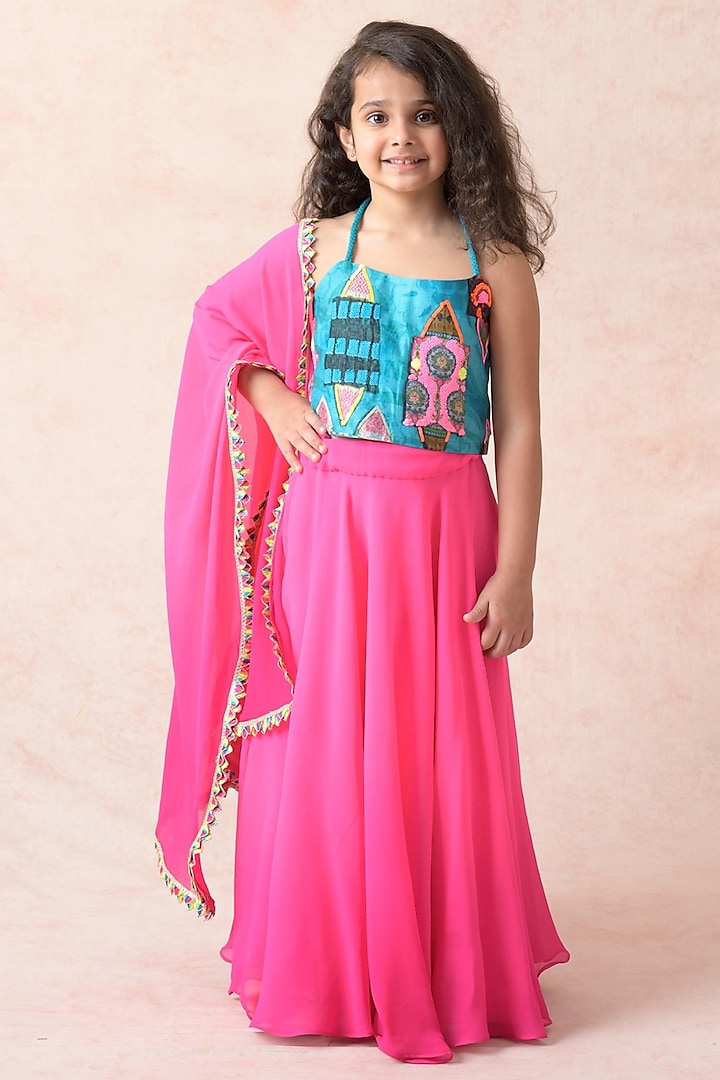 Neon Pink Ombre Pure Silk Georgette Lehenga Set For Girls by MKF Kids