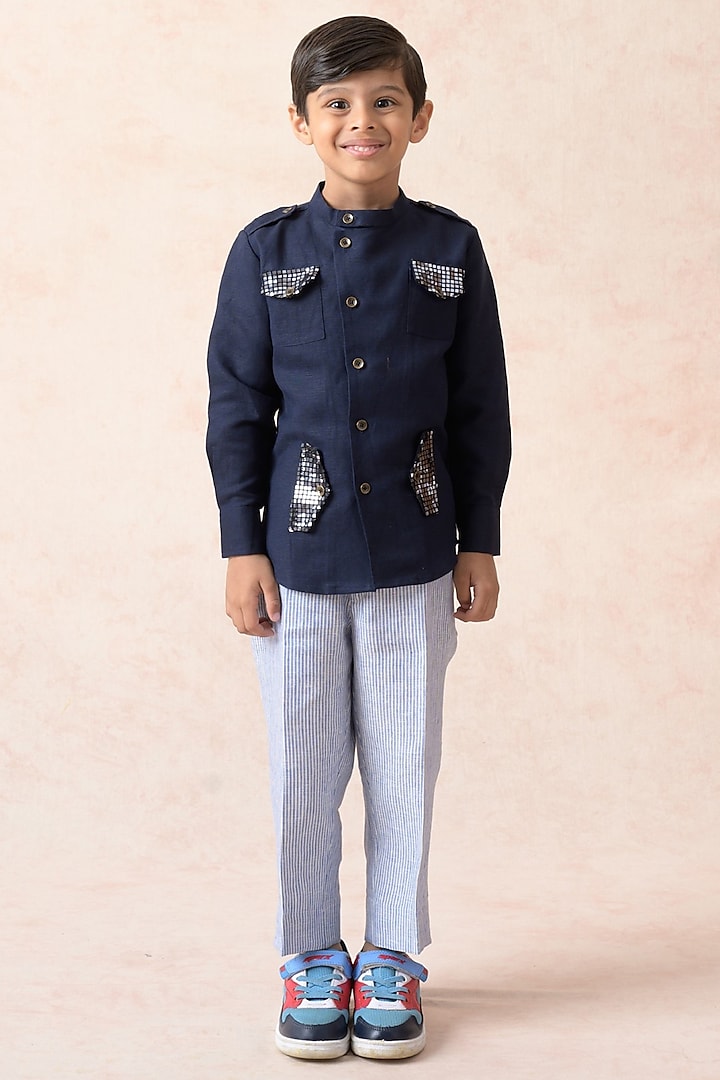 Navy Blue Linen & Lycra Co-Ord Set For Boys by MKF Kids