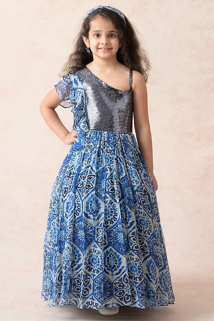 Navy Blue Viscose & Lycra Floral Printed One-Shoulder Gathered Gown For Girls by MKF Kids
