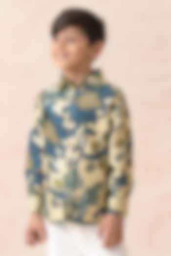 Azure Blue Chanderi Silk Floral Printed Shirt For Boys by MKF Kids