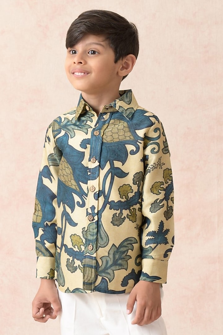 Azure Blue Chanderi Silk Floral Printed Shirt For Boys by MKF Kids