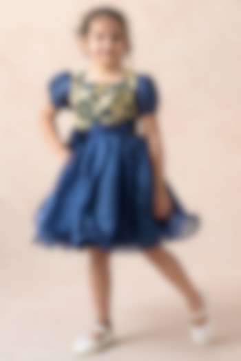 Azure Blue Chanderi Silk Floral Printed Dress For Girls by MKF Kids