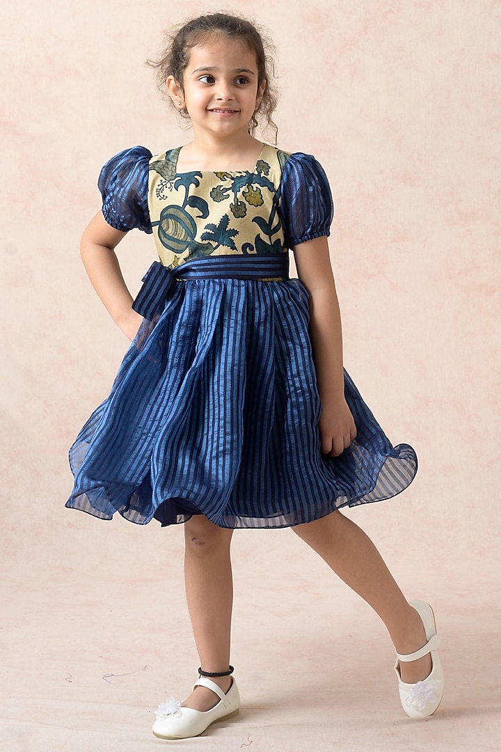 Azure Blue Chanderi Silk Floral Printed Dress For Girls by MKF Kids