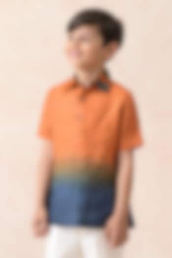Orange & Blue Ombre Pure Linen Shirt For Boys by MKF Kids