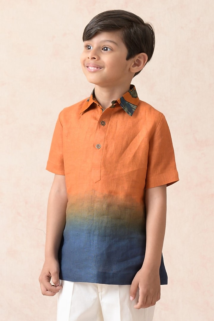 Orange & Blue Ombre Pure Linen Shirt For Boys by MKF Kids