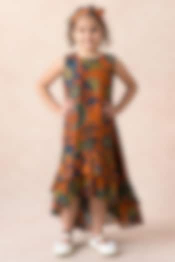 Orange Chanderi Silk Floral Printed Flared Dress For Girls by MKF Kids