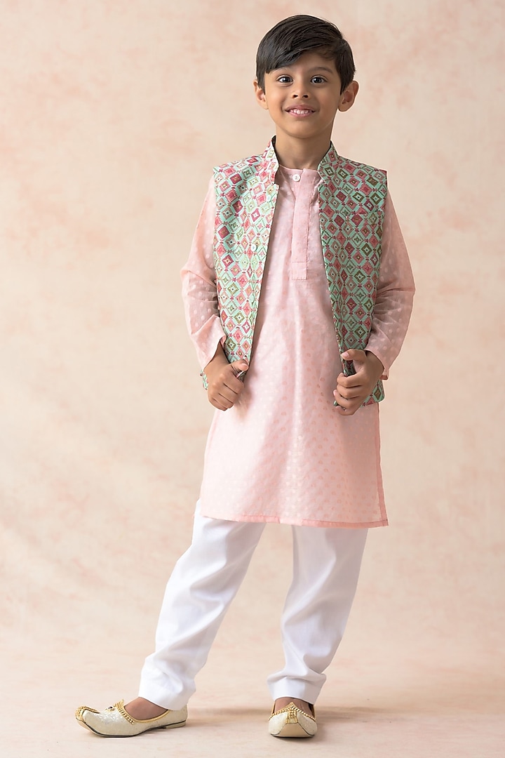 Mint Green Chanderi Silk Patola Printed Nehru Jacket Set For Boys by MKF Kids