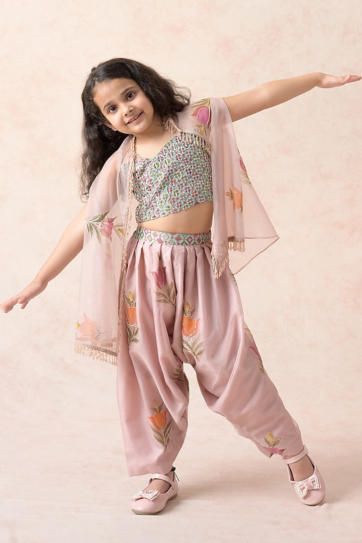Baby Pink Chanderi Silk Floral Hand Painted Dhoti Pant Set For Girls by MKF Kids