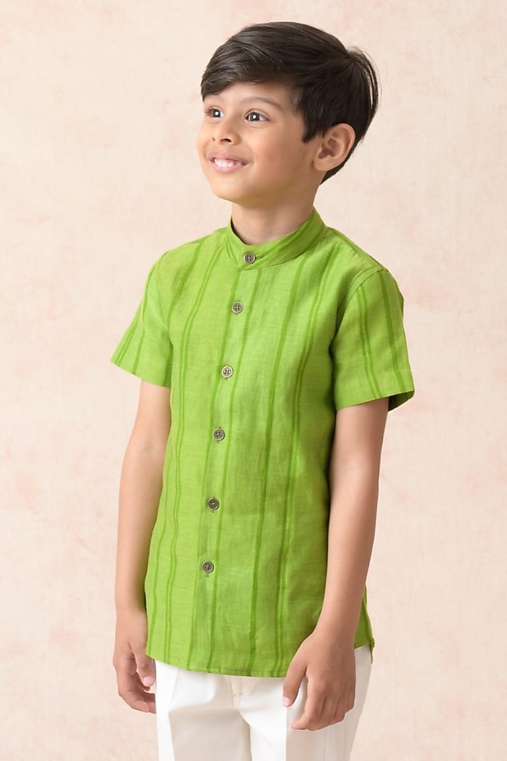 Parrot Green Chanderi Silk Shirt For Boys by MKF Kids