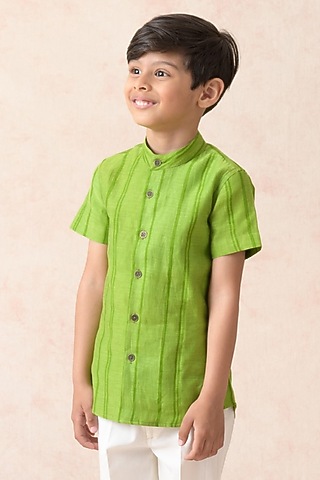 Parrot Green Chanderi Silk Shirt For Boys by Thetaa Kids