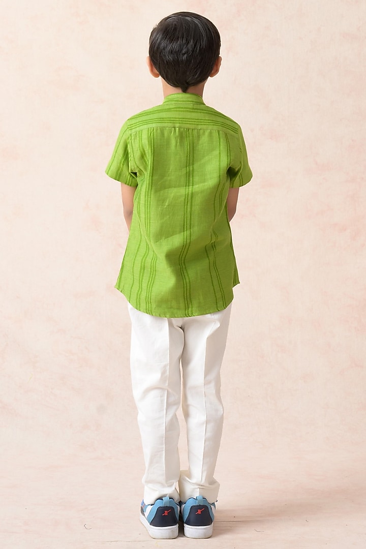 Parrot Green Chanderi Silk Shirt For Boys by Thetaa Kids at Pernia's Pop Up Shop