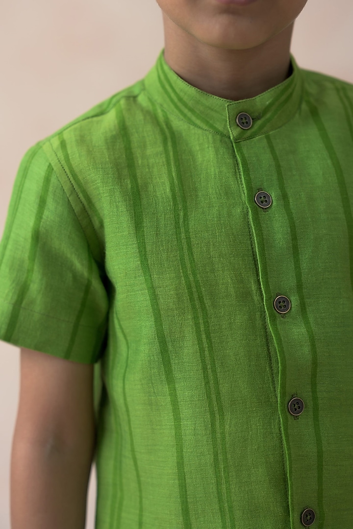 Parrot Green Chanderi Silk Shirt For Boys by Thetaa Kids at Pernia's Pop Up Shop