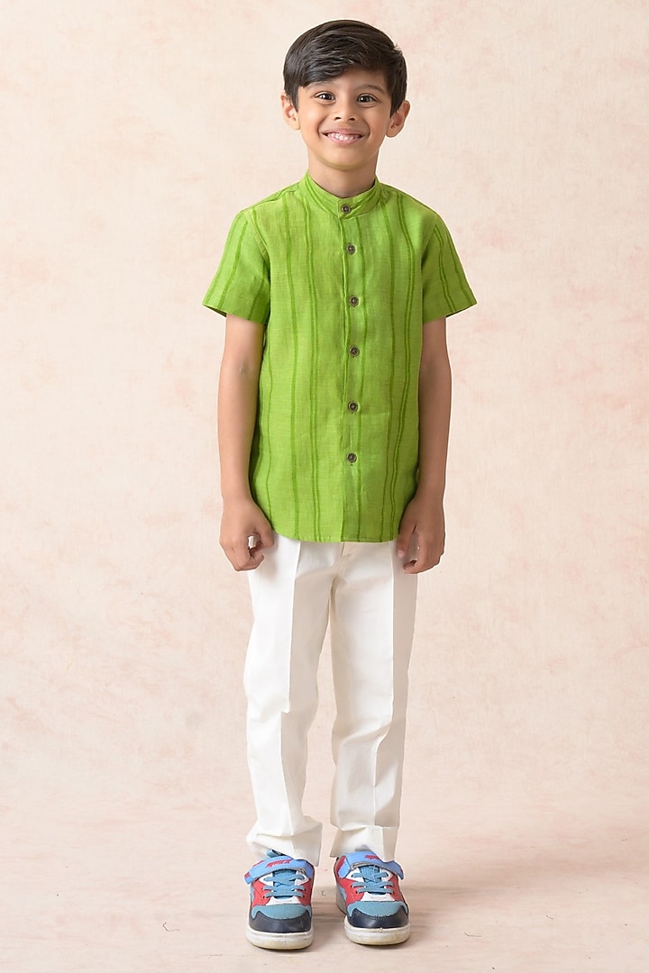 Parrot Green Chanderi Silk Shirt For Boys by Thetaa Kids at Pernia's Pop Up Shop