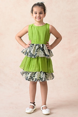 Parrot Green Chanderi Silk Floral Printed Tiered Dress For Girls by Thetaa Kids