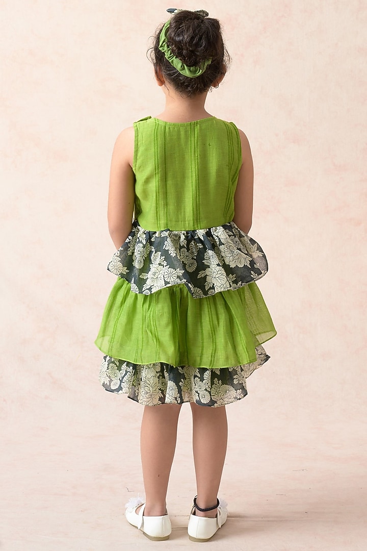 Parrot Green Chanderi Silk Floral Printed Tiered Dress For Girls by Thetaa Kids at Pernia's Pop Up Shop
