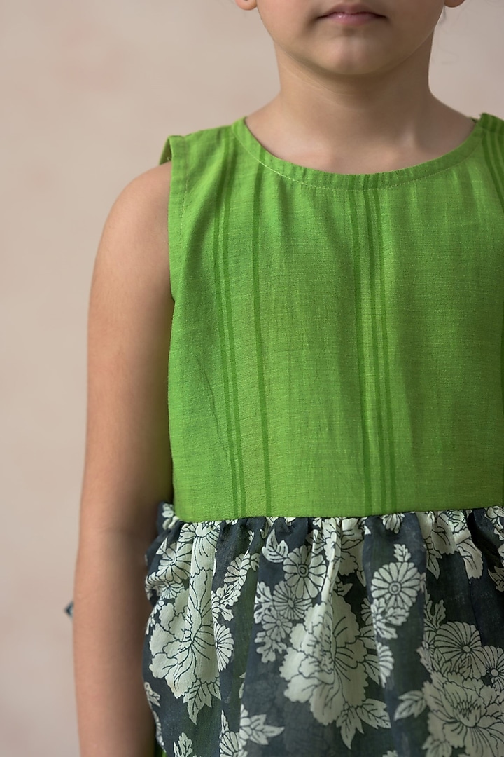 Parrot Green Chanderi Silk Floral Printed Tiered Dress For Girls by Thetaa Kids at Pernia's Pop Up Shop