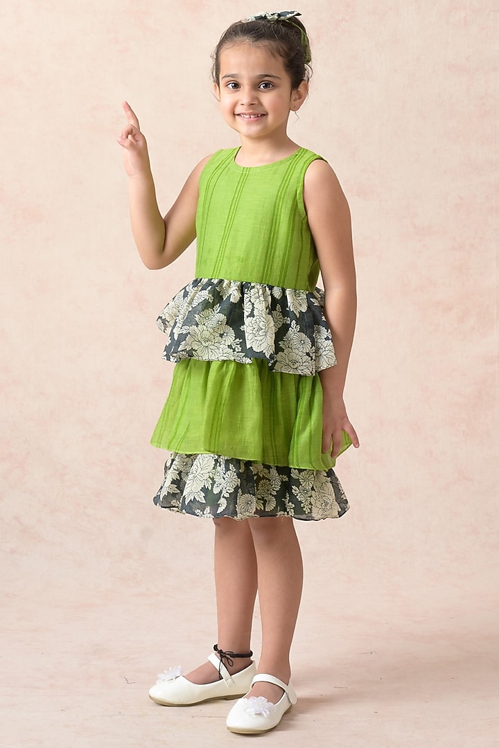 Parrot Green Chanderi Silk Floral Printed Tiered Dress For Girls by Thetaa Kids at Pernia's Pop Up Shop