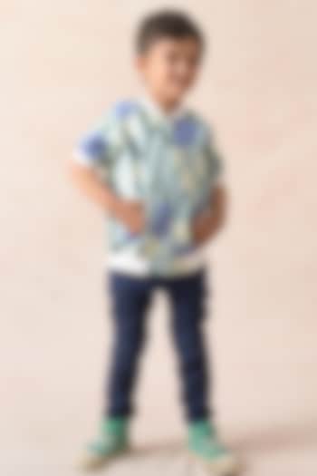 Mint Green Polyester & Cotton Floral Printed Bomber Jacket For Boys by MKF Kids