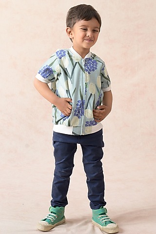 Mint Green Polyester & Cotton Floral Printed Bomber Jacket For Boys by Thetaa Kids