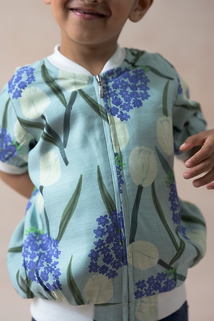 Mint Green Polyester & Cotton Floral Printed Bomber Jacket For Boys by Thetaa Kids at Pernia's Pop Up Shop