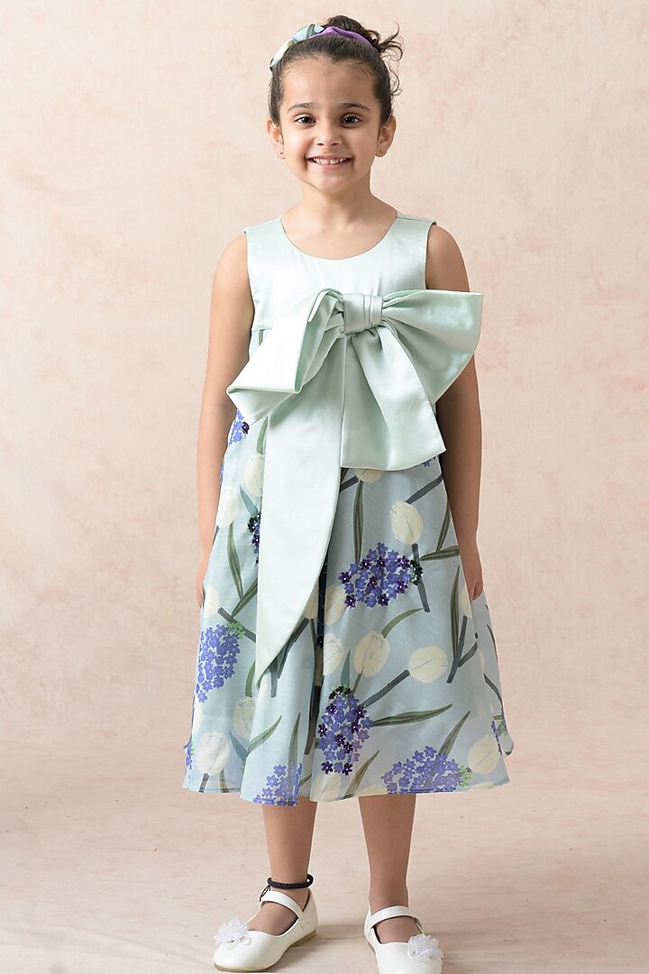 Mint Green Viscose Floral Printed Flared Dress For Girls by MKF Kids