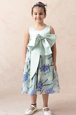Mint Green Viscose Floral Printed Flared Dress For Girls by Thetaa Kids