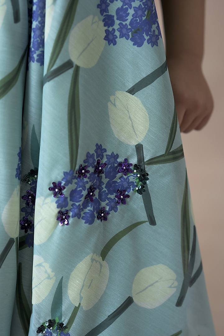 Mint Green Viscose Floral Printed Flared Dress For Girls by Thetaa Kids at Pernia's Pop Up Shop