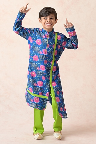 Blue Polyester & Cotton Printed Asymmetrical Kurta Set For Boys by Thetaa Kids